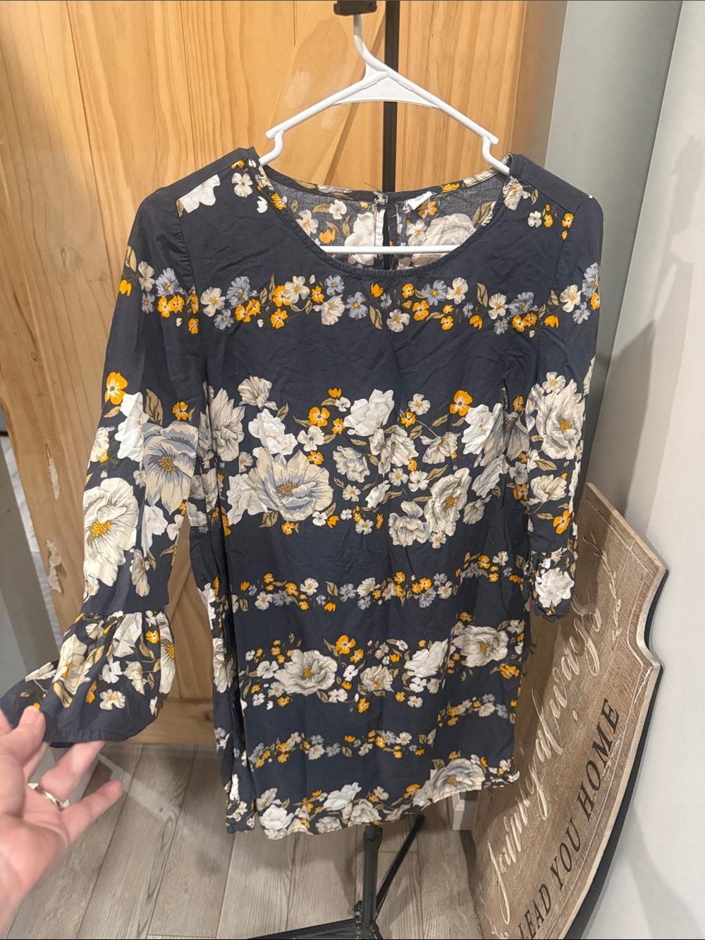 Old Navy Navy Floral Long Sleeve Dress with White & Yellow Flowers